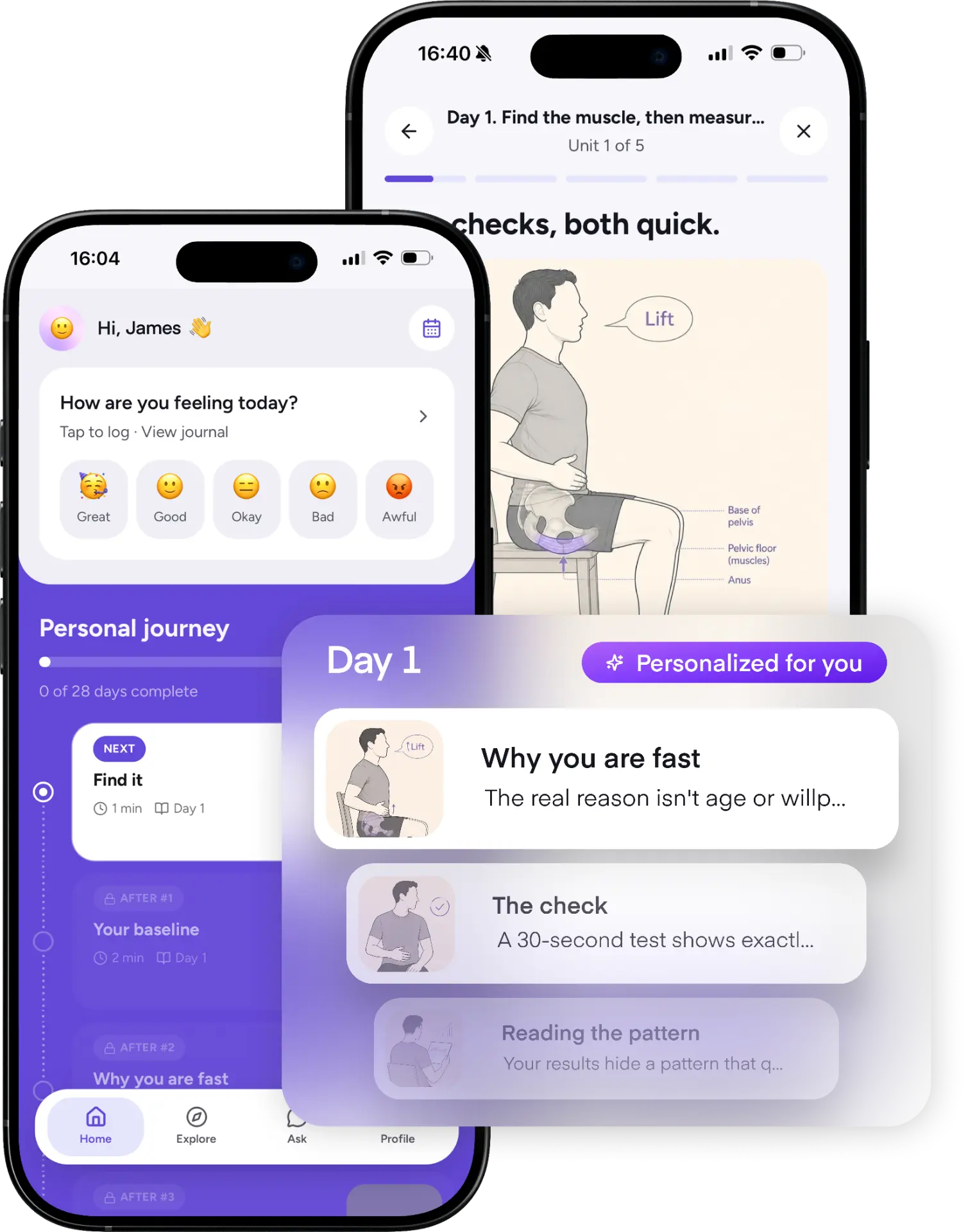 Two phone screens from the Adaging app showing the daily plan and a guided lesson