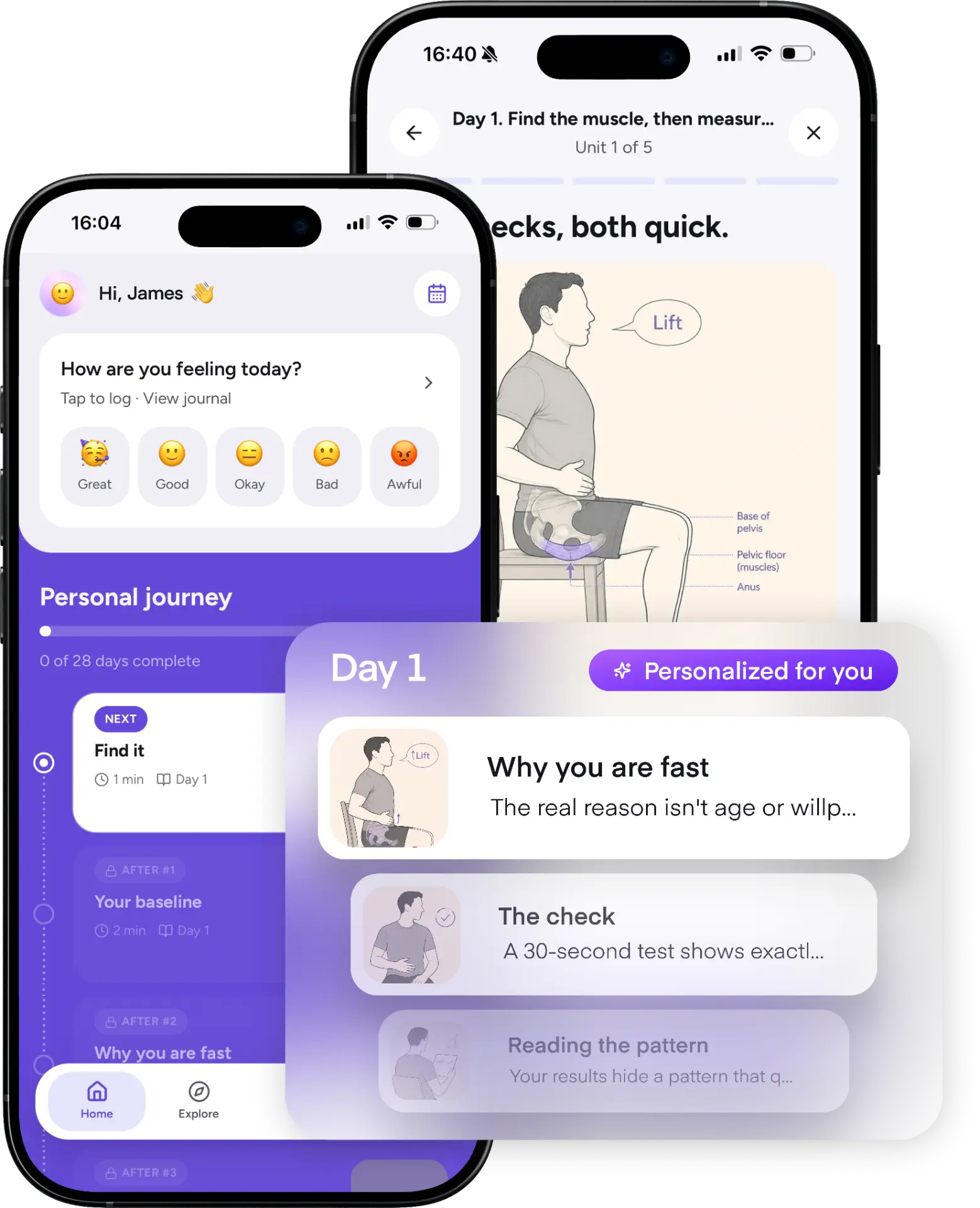 Two phone screens from the Adaging app showing the daily plan and a guided lesson