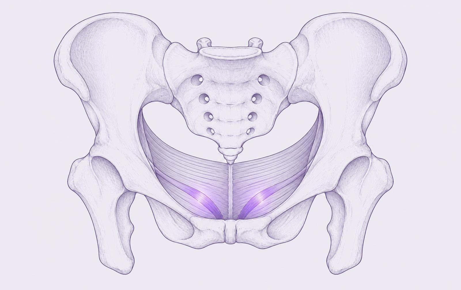 Line drawing of the pelvis with the pelvic floor muscle sheet across its base, two muscle bands highlighted