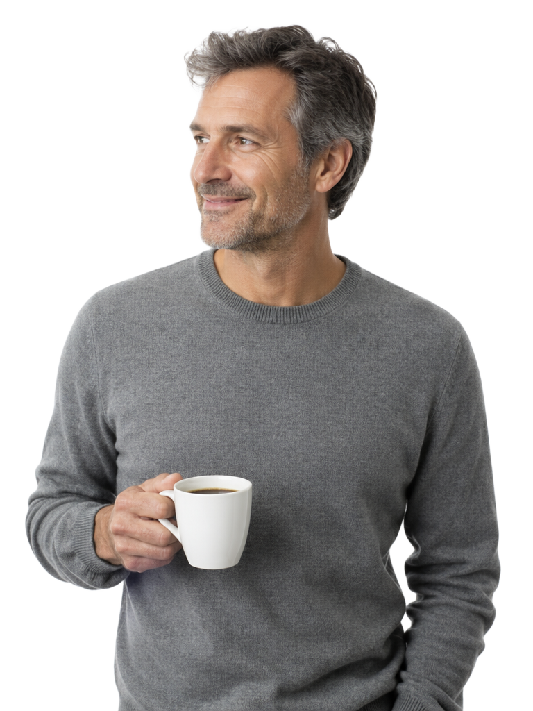 A relaxed man holding a cup of coffee