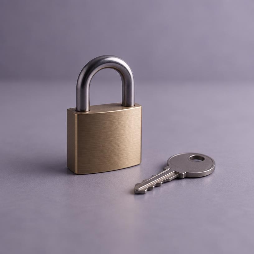 A padlock resting beside a key