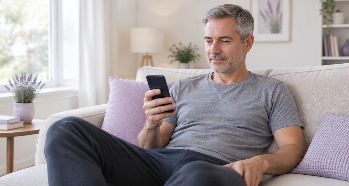 A man in a grey T-shirt sitting on a sofa at home, looking at a timer on his phone