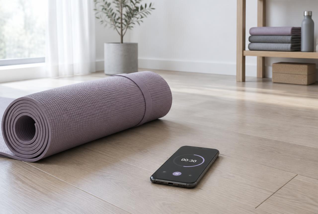 A rolled exercise mat and a phone with a timer on a wooden floor