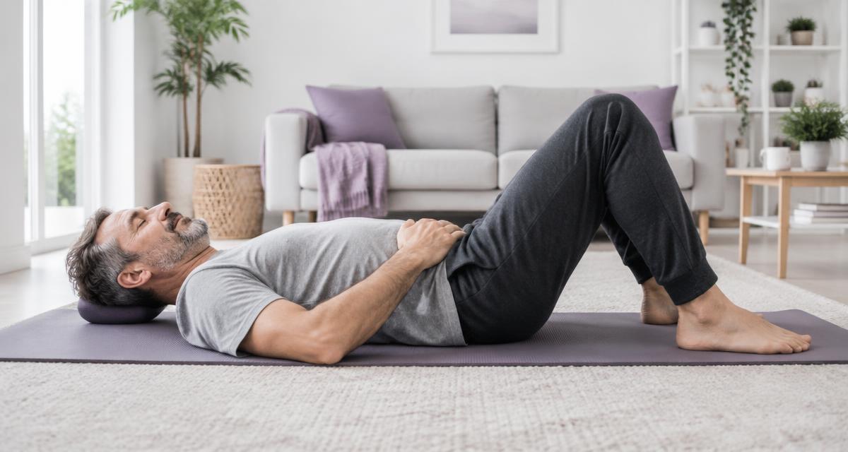 A man lying on his back on an exercise mat with his knees bent and one hand resting on his belly