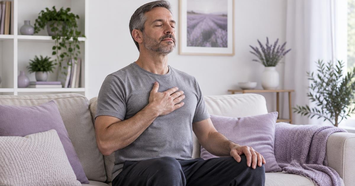 A man sitting upright on a sofa at home with his eyes closed, taking a slow breath