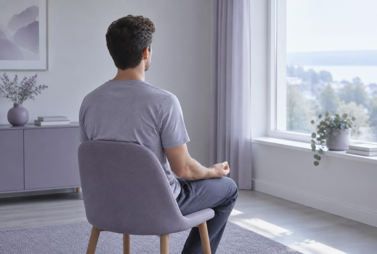 A man seated on a chair by a window practising slow breathing