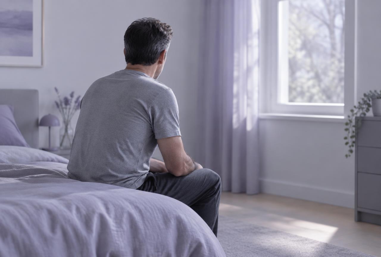 A man sitting on the edge of a bed in a quiet, bright bedroom
